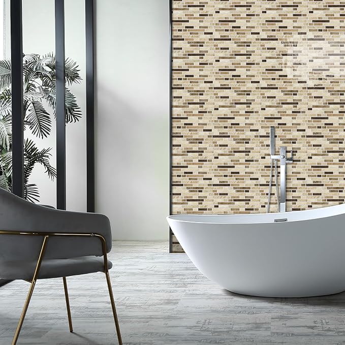 Alwayspon 10 Sheets 12" x12inch Brown Marble Effect Vinyl Tiles, Backsplash, Self-Adhesive Peel and Stick Wall Tile Stickers, Stick on Subway Tiles for Kitchen Bathroom Wall Decor
