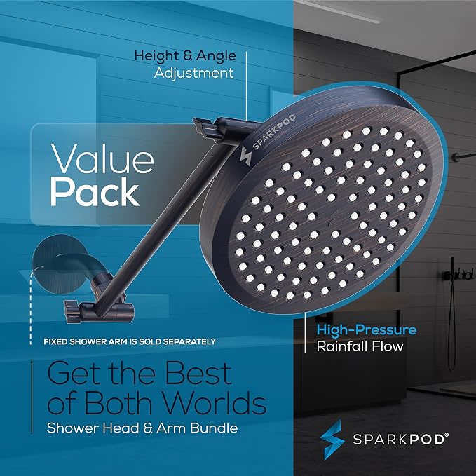 SparkPod 6" Round Rain Shower Head with 11" Shower Arm | Shower Head & Extension Arm Combo, Height Adjustable, High Pressure Performance, Easy 1-Minute Installation,Oil-Rubbed Bronze
