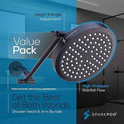 SparkPod 6" Round Rain Shower Head with 11" Shower Arm | Shower Head & Extension Arm Combo, Height Adjustable, High Pressure Performance, Easy 1-Minute Installation,Oil-Rubbed Bronze