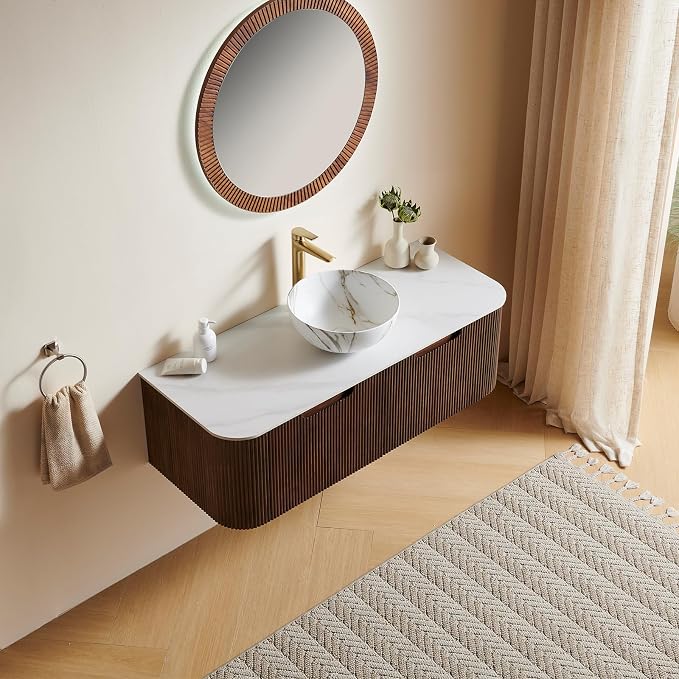 48" Floating Bathroom Vanity with Sink, Dark Walnut Plywood Base | Plywood Cabinet, Single Sink, Doubel Sink, Ceramic Basin & Marble Countertop, Pre-Assembled