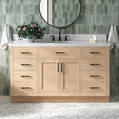 Isabella 60-Inch Bathroom Vanity with Sink, Oak Solid Wood, 1.5-Inch Edge Carrara White Marble Countertop & Backsplash, 2 Soft Closing Doors, 9 Dovetail Drawers, Matte Black
