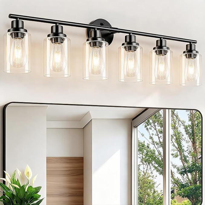 6-Light E26 Black Bathroom Vanity Lights, Modern Bathroom Light Fixtures with Clear Glass Shade, Wall Lamps for Mirror Hallway Kitchen Cabinet Living Room Sconces Lights