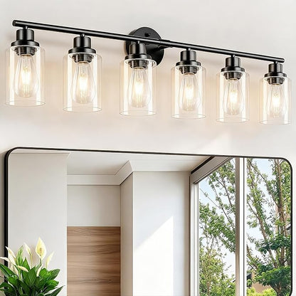 6-Light E26 Black Bathroom Vanity Lights, Modern Bathroom Light Fixtures with Clear Glass Shade, Wall Lamps for Mirror Hallway Kitchen Cabinet Living Room Sconces Lights