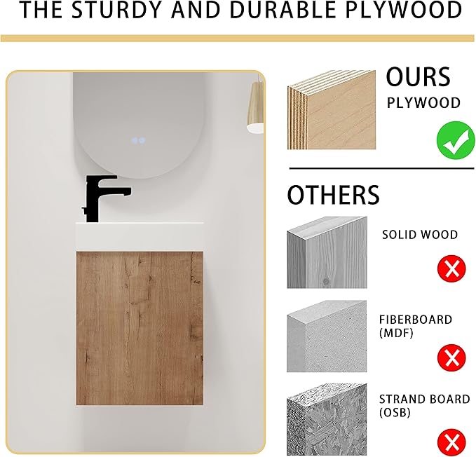 Malwee 16" Floating Bathroom Vanity with Sink, 16 Inch Single Sink Wall Mounted Bathroom Vanity, with 1 Door and White Resin Basin Top for Small Space, Plywood Cabinet Storage(050-16)