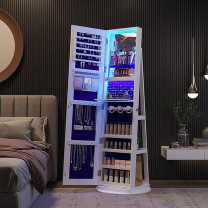 360° Swivel Jewelry Cabinet Organizer with Lights, Full Length Mirror with Jewelry Storage, Lockable Standing Jewelry Armoire Organizer, Mirror Jewelry Cabinet with Inside Makeup Mirror (White)