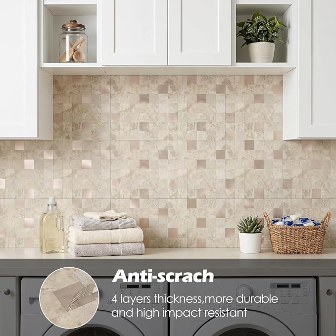 Yipscazo 20-Sheets Peel and Stick Backsplash Mosaic Tile Stainless Steel Kitchen Backsplash Stone Beige Stick on Tiles for Kitchen, Bathroom, Laundry Room, Camper, Fireplace