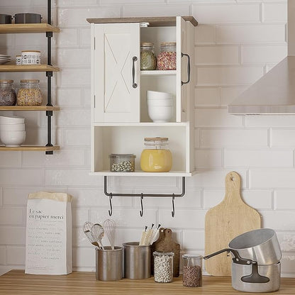 ChooChoo Farmhouse Medicine Cabinet, Bathroom Wall Cabinet with Adjustable Shelf, Towel Bar, 3 Hooks, Over The Toilet Storage Cabinet for Bathroom, Kitchen, Antique White & Brown