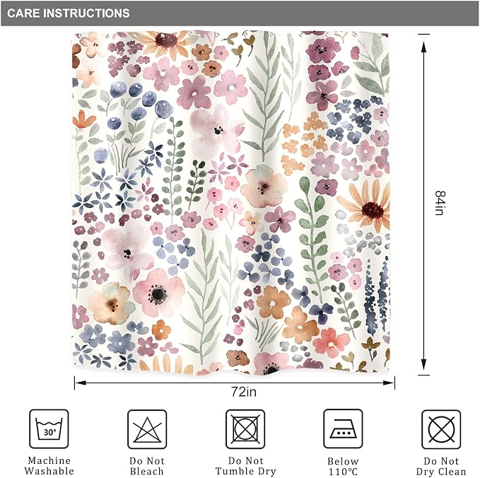 Extra Long Cute Boho Wildflower Watercolor Kids Bathroom Shower Curtain Set | 72"W x 84"H Leaves Girls; waterproof HD print, quick-dry fabric with 12 hooks for easy hanging.