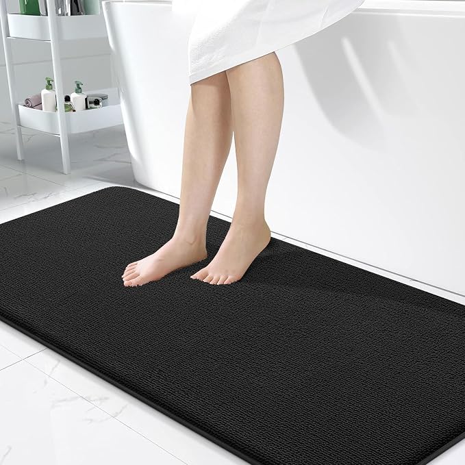 OLANLY Memory Foam Bathroom Runner Rugs 50x30, Absorbent Long Mat, Black | Soft Quick Dry Bath Rugs, Non-Slip Carpet, Machine Washable Mat for Bathroom Floor, Tub and Shower, Home Decor Accessories