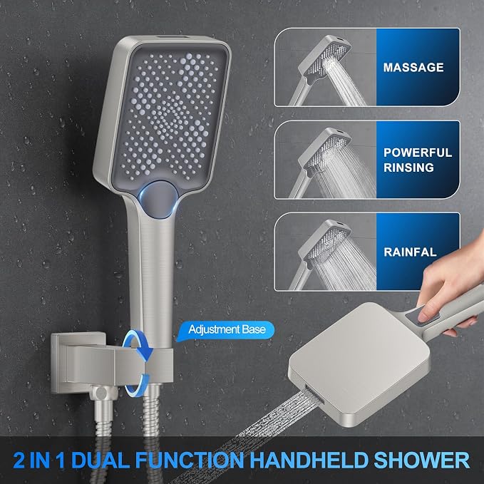 Woindo Shower Faucet Set, 12" Wall Mount Rainfall Shower System with 2 Rain Shower Head and Multi-function Handheld Head Push Button Diverter Shower Faucet Trim Kit