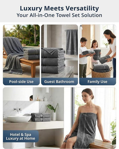 LANE LINEN Large Bath Towels - Zero Twist Cotton Construction - Set of 4 (35" x 66") Oversized Bath Towel Sets - Fade Resistant, Quick Dry & Fluffy - Instantly upgrade your bathroom decor - Space Grey