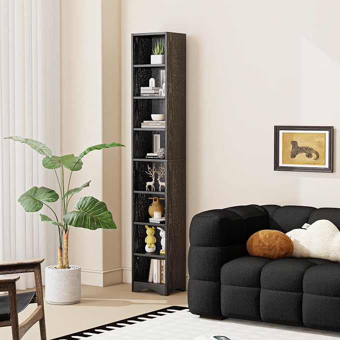 VECELO Tall Open Narrow Bookshelf, 6 Adjustable Movable Shelves, Wood Space Saving Corner Storage Rack for Small Spaces, Sleek Black