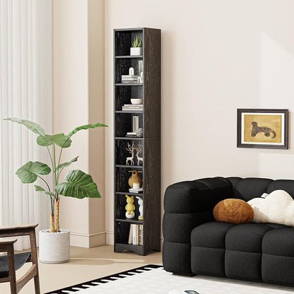 VECELO Tall Open Narrow Bookshelf, 6 Adjustable Movable Shelves, Wood Space Saving Corner Storage Rack for Small Spaces, Sleek Black