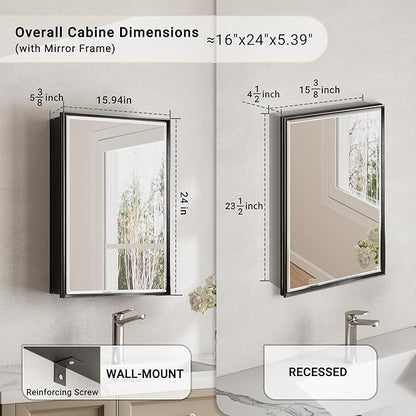 16x24 Pre-Assembled Black Medicine Cabinet with Mirror, Surface or Recessed Medicine Cabinet Mirror for Bathroom, Aluminum Beveled Frame Bathroom Vanity Mirror with Adjustable Shelves Storage