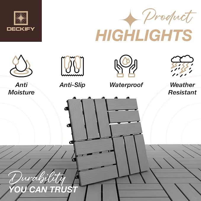 Acacia Interlocking Deck Tiles Outdoor Waterproof All Weather Grey Crossed | Raised Drainage Base, 12x12 In, Trimmable, Oil-Rubbed Finish, No Tools or Sealant Required, Weather-Resistant, Washable