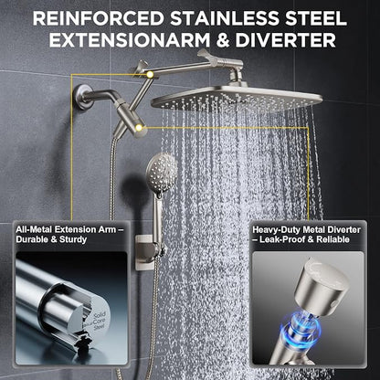 Veken Starlight 11.8" High Pressure Shower Head with Handheld, Easy Install | Handheld Shower with Multi Spray Modes, Rainfall Combo with 15" Metal Extension Arm, Detachable Dual Shower, Bathroom Decor