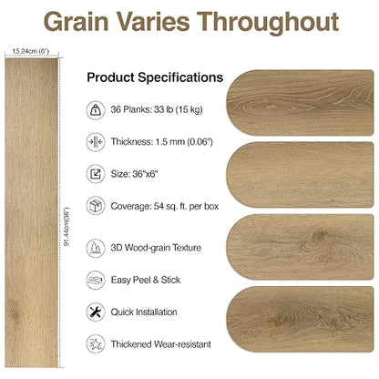 MULGREAT Peel and Stick Floor Tile, 54 Sq.Ft Waterproof Vinyl Flooring, 36 Pieces Wood-Look Self Adhesive Luxury Vinyl Plank Flooring for DIY Bathroom Laundry Bedroom RV Kitchen (Honey Oak)