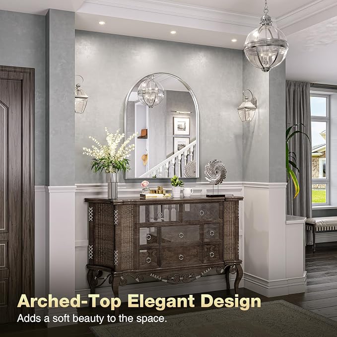 Brightify Arched Mirror 24 x 32 Inch, Silver Arch Mirror for Wall | Metal Frame Silver Bathroom Mirror, Arched Top Bathroom Vanity Mirror for Living Room Bedroom Mantel Entryway Hallways