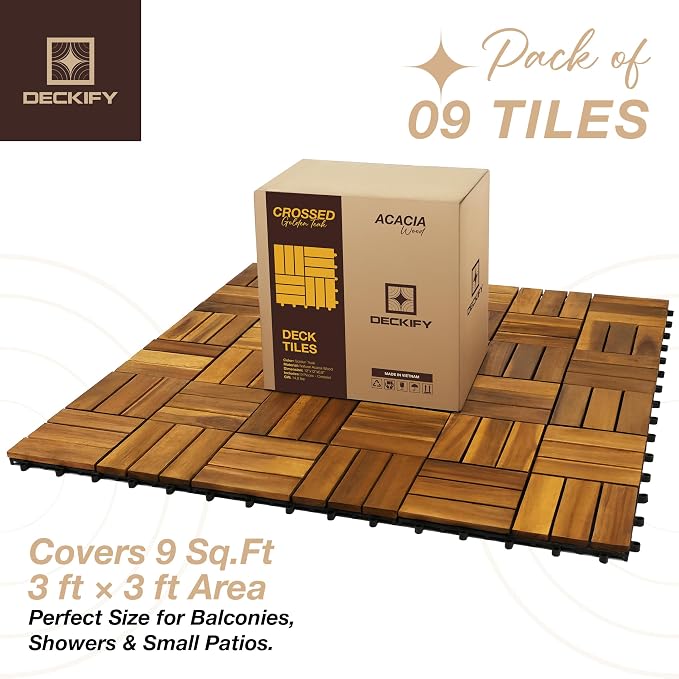 9-Piece Acacia Wood Interlocking Deck Tiles, Golden Teak Crossed | 12-Slat Cross Drainage, Non-Slip Grip, 490 lb Capacity, Protective Oil-Rubbed Finish, Flat-Surface Install, Patio Ready