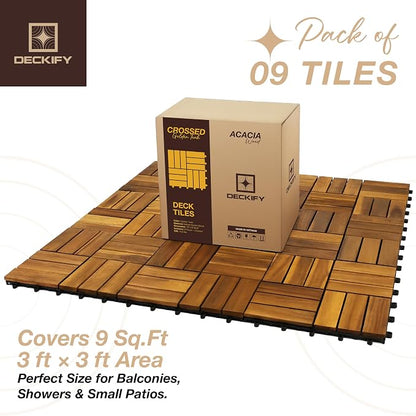 9-Piece Acacia Wood Interlocking Deck Tiles, Golden Teak Crossed | 12-Slat Cross Drainage, Non-Slip Grip, 490 lb Capacity, Protective Oil-Rubbed Finish, Flat-Surface Install, Patio Ready