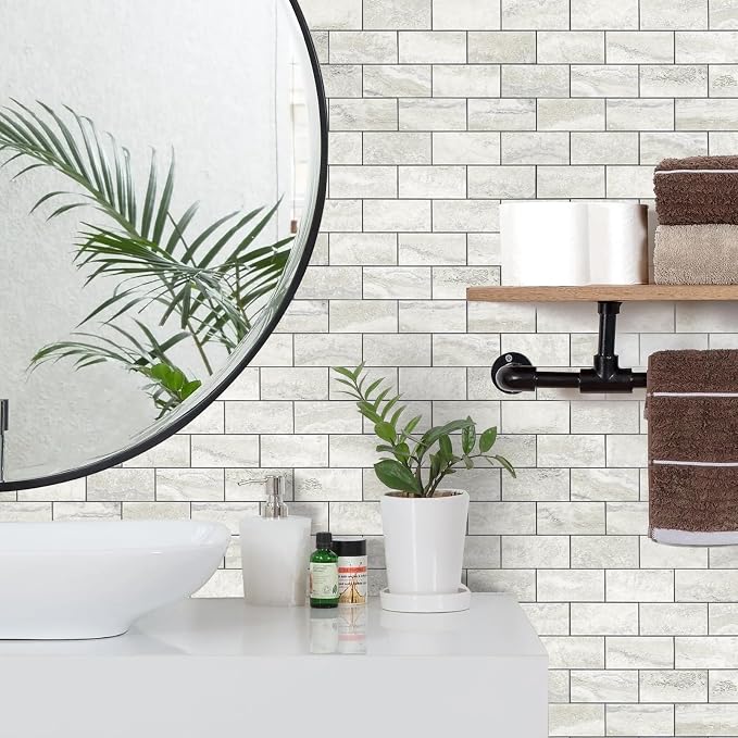 STICKGOO 20-Sheet Subway Tile Peel and Stick Backsplash - Beige Stone Texture With Grey Grout for Kitchen, Bathroom, RV, Fireplace - PVC Wall Tiles