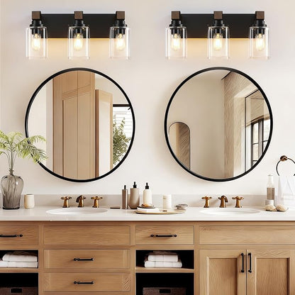 Farmhouse Black 3-Light Bathroom Vanity Light, Square Glass Shade | Vintage Rustic Design, Wood Grain Finish, Matte Black Metal, Wall Mount Over Mirror Lighting Fixtures for Bathroom Restroom