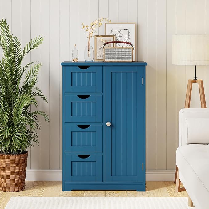 Giantex Bathroom Cabinet, Freestanding Storage Cabinet with 1 Door & 4 Drawers, 3-Level Adjustable Shelf, Anti-toppling System, Modern Storage Organizer for Bathroom, Living Room, Kitchen (Blue)