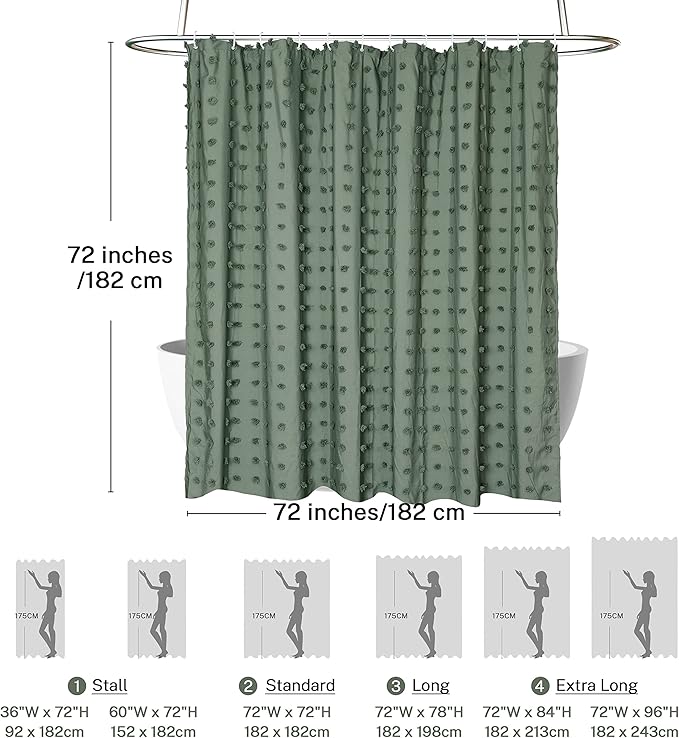 Green Boho Shower Curtain Woven Fabric Cute Shower Curtain, 72 x 72 Tufted Pleat Floral Puffs Textured Modern Farmhouse Minimalist Shower Curtain Set with Hooks for Bathroom