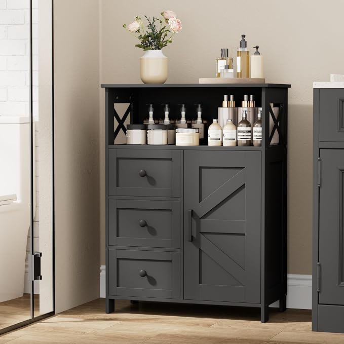 Homhedy Bathroom Storage Cabinet with 3 Drawers, Toilet Paper Cabinet | Farmhouse Freestanding Floor Cabinet with Door and Adjustable Shelf, Small Cabinet for Bathroom, Living Room, Black