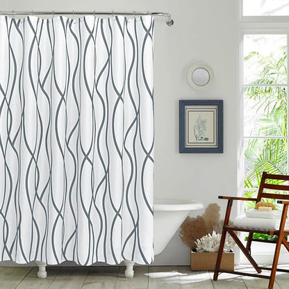 Fabric Modern Shower Curtain-Dark Grey & White Shower Curtains for Bathroom | 72"W x 72"L Textured Faux Linen Luxury Hotel Quality Washable-Abstract Wavy Cloth Bath Curtain-Apartment Minimalist Decor