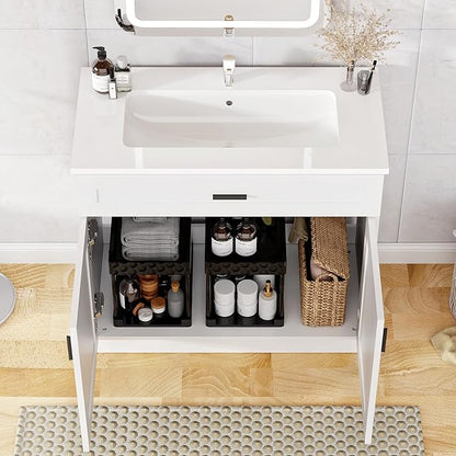 36 Inch Bathroom Vanity with Ceramic Sink, White Freestanding Double-Door Cabinet, Heavy-Duty & Easy-Clean