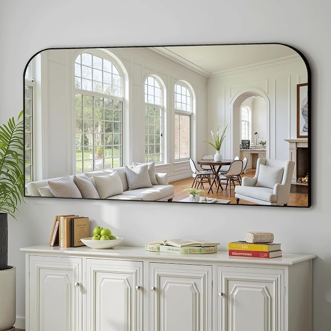 30"x55" Black Metal Framed Bathroom Mirror for Over Sink | Rounded rectangle shape. Shatterproof HD glass, all mounting hardware for bathroom, bedroom, entryway.