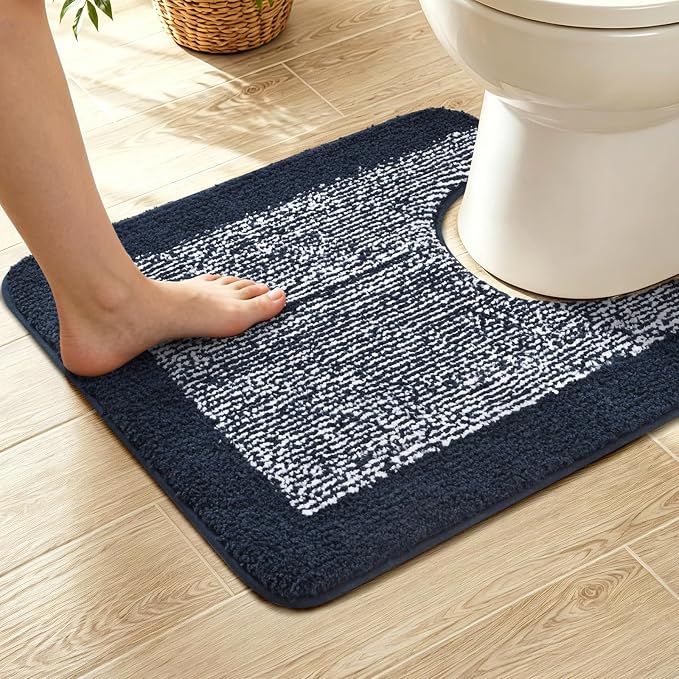 Toilet Rugs U-Shaped 24x19, Non-Slip Plush Shaggy Quick Dry Bathroom Contour Rugs, Extra Soft Absorbent Chenille Washable Bath Mat for Toilet Base(Dark Blue)