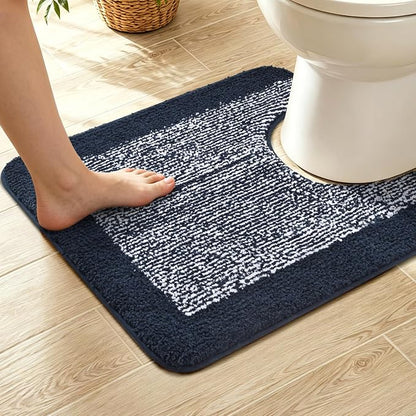 Toilet Rugs U-Shaped 24x19, Non-Slip Plush Shaggy Quick Dry Bathroom Contour Rugs, Extra Soft Absorbent Chenille Washable Bath Mat for Toilet Base(Dark Blue)