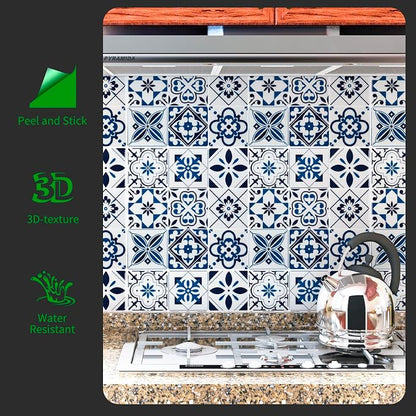 LONGKING Peel and Stick Backsplash Tile Stickers, Admiral Blue Geometric-Shaped Pattern Tile for Kitchen, Stick on Wall Tiles (10 Sheets) | Peel and stick backsplash, self-adhesive wall tile, Admiral Blue, geometric, waterproof, kitchen bathroom wall, ...