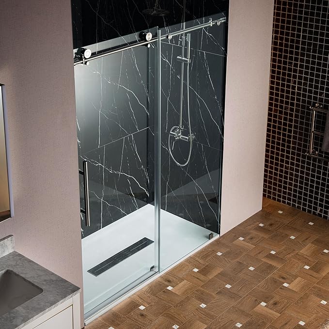 Woodbridge Frameless Single Sliding Shower Doors in Brushed Nickel Finish, 45.5-48" Width x 76" Height with 3/8"(10mm) Clear Tempered Glass, Soft Close System and Explosion-Proof Film, BSDC4876-B