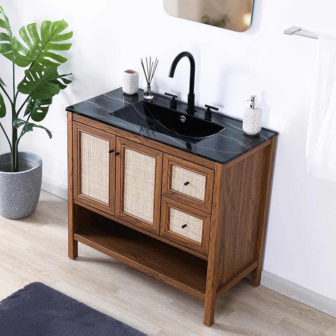 JONATHAN Y Jasper 36" Rattan Freestanding Vanity Cabinet Only, Walnut | 18" Depth 33" Height, 2-Shelf Storage, Soft-Close Door, Matte Black Hardware, Modern Minimalist Bathroom, MDF Wood Grain
