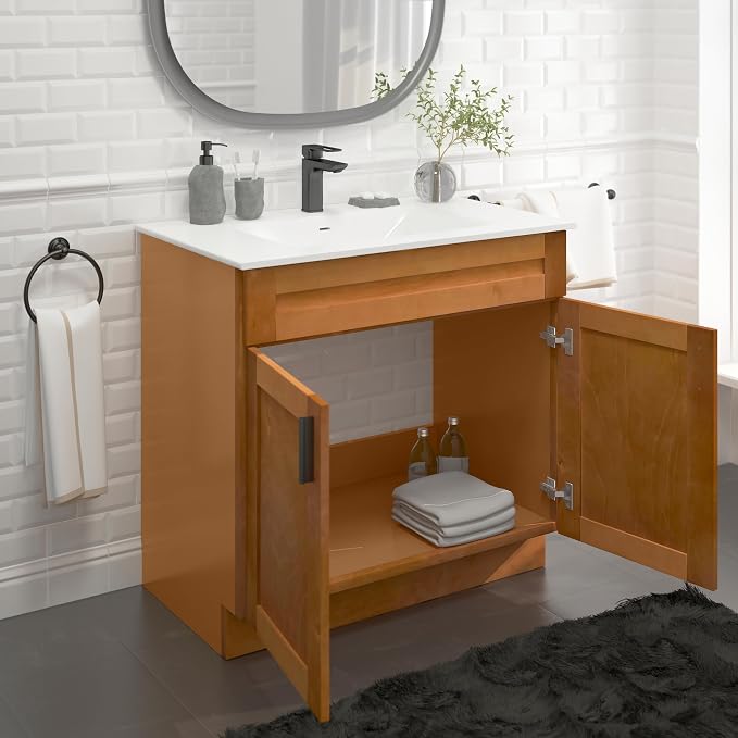36” Maple Shaker Bathroom Vanity Base – Ready-to-Assemble Sink Cabinet, Freestanding Bathroom Vanity Base Only, No Top or Sink
