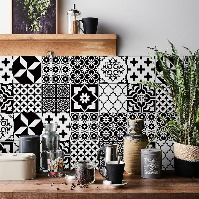 Easy Peel Stick Vinyl wall Tile Decals 6x6in Stick on backsplash,12Pc | Waterproof&heat resistant tile stickers for kitchen RV laundry backsplash decor,remove no damaging,black white tile