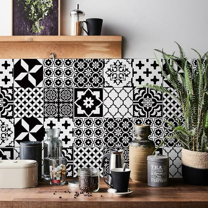 Easy Peel Stick Vinyl wall Tile Decals 6x6in Stick on backsplash,12Pc | Waterproof&heat resistant tile stickers for kitchen RV laundry backsplash decor,remove no damaging,black white tile