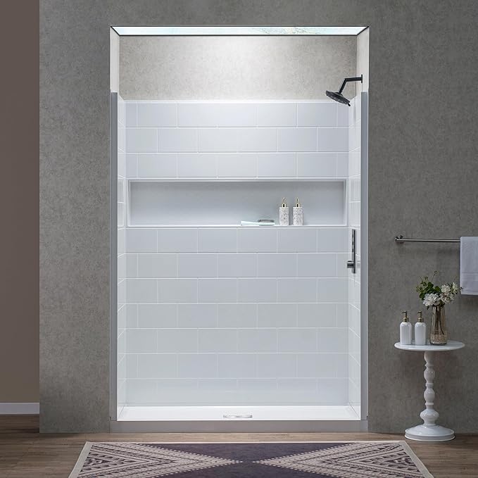 WOODBRIDGE 60"L x 32"W Shower Combo Kits with Glue Up Shower Walls in Glossy White and Shower Base with Center Drain in White