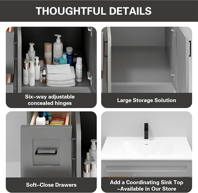 36" Light Grey Shaker Bathroom Vanity Base – Ready-to-Assemble Sink Cabinet with Drawers, Freestanding Bathroom Vanity Base Only, No Top or Sink