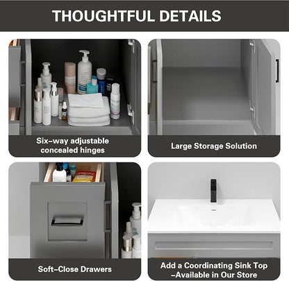 36” Grey Shaker Bathroom Vanity Base – Ready-to-Assemble Sink Cabinet with Drawers, Shaker Style Storage, Base Only, No Top or Sink