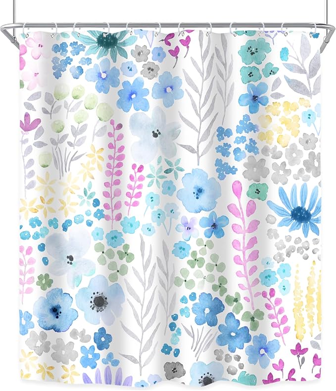 Blue Floral Girls Kids Boho Cute Wildflower Art Bathroom Shower Curtain Set | 60"W x 72"H Watercolor Leaves; waterproof HD print, quick-dry fabric with 12 hooks for easy hanging.