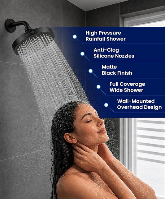 Shower Head - Luxury Matte Black Finish - Rain Showerhead 6 Inch | High Pressure Shower Heads with Adjustable Angles, 90 Anti-Clog Nozzles, Tool-Free 1-Min Install