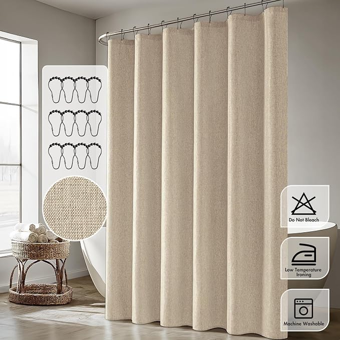 ANRODUO Copper Brown Extra Long Linen Fabric Shower Curtain Set - W72xL108 | Farmhouse Shower Curtain with 12 Metal Hooks, Waterproof Heavy Duty, Button Hole Design, Machine Washable for Bathroom