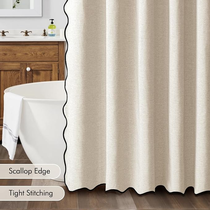 MIULEE Cream Beige Small Stall Scalloped Linen Shower Curtain 36x72 Inches | Linen Textured, Waterproof, Washable, 6 Metal Hooks, Narrow Heavy Duty Cloth, Black Border, Shower Curtain for Bathroom Hotel