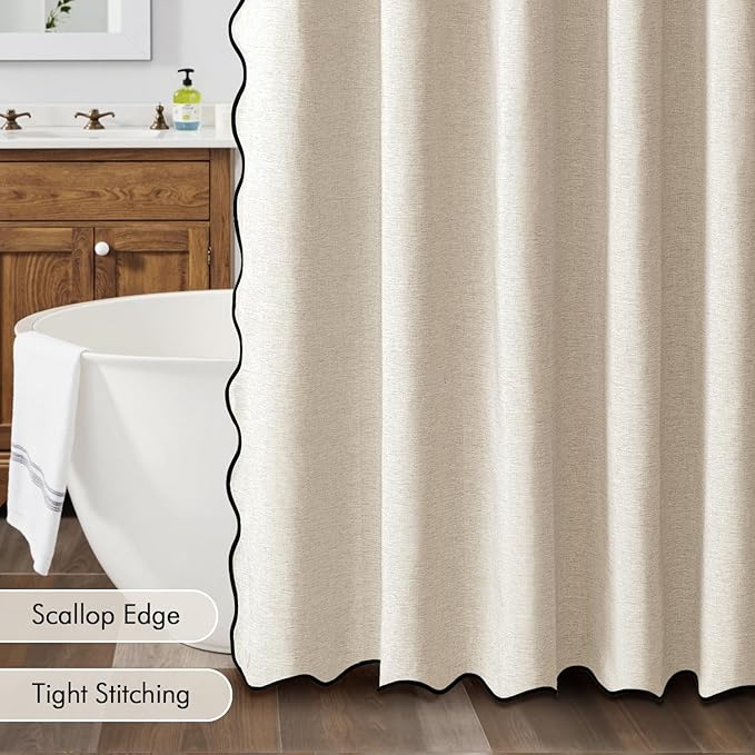 MIULEE Cream Scalloped Linen Shower Curtain 60x72 Inches | Linen Textured, Waterproof, Washable, 10 Metal Hooks, Heavy Duty Cloth, Black Border, Shower Curtain for Bathroom Bathtub