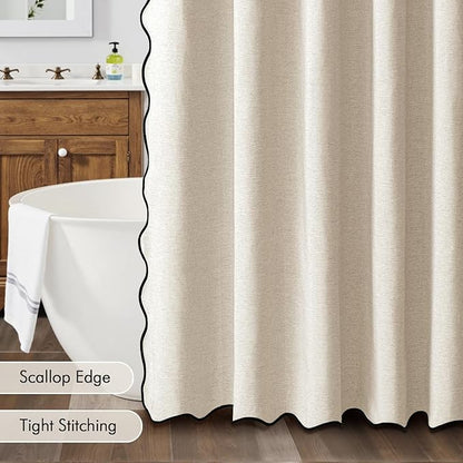 MIULEE Cream Scalloped Linen Shower Curtain 60x72 Inches | Linen Textured, Waterproof, Washable, 10 Metal Hooks, Heavy Duty Cloth, Black Border, Shower Curtain for Bathroom Bathtub