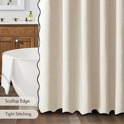 MIULEE Cream Scalloped Linen Shower Curtain 60x72 Inches | Linen Textured, Waterproof, Washable, 10 Metal Hooks, Heavy Duty Cloth, Black Border, Shower Curtain for Bathroom Bathtub